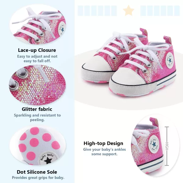 Meckior Baby Girls Boys Canvas Sneakers Soft Sole HighTop Ankle Infant First Walkers Crib ShoesA22Sequin Rose Red
