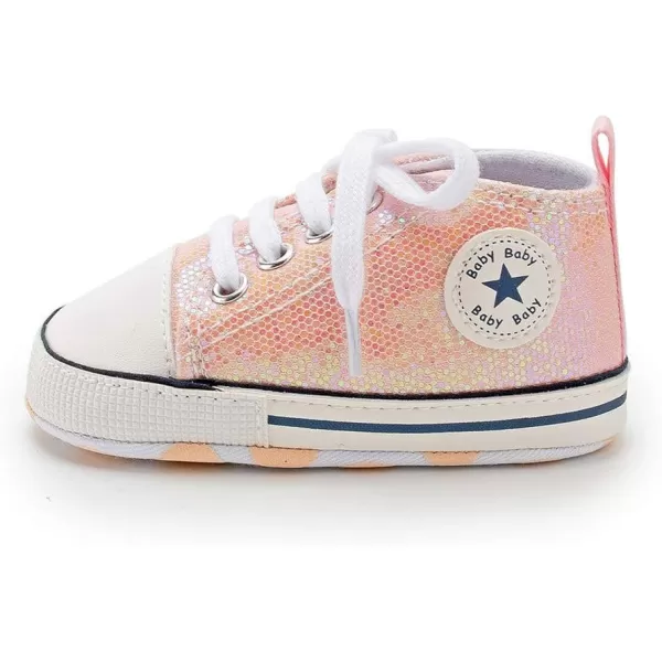 Meckior Baby Girls Boys Canvas Sneakers Soft Sole HighTop Ankle Infant First Walkers Crib ShoesA23Sequin Pink