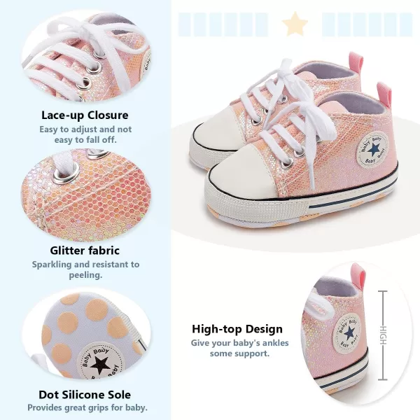 Meckior Baby Girls Boys Canvas Sneakers Soft Sole HighTop Ankle Infant First Walkers Crib ShoesA23Sequin Pink