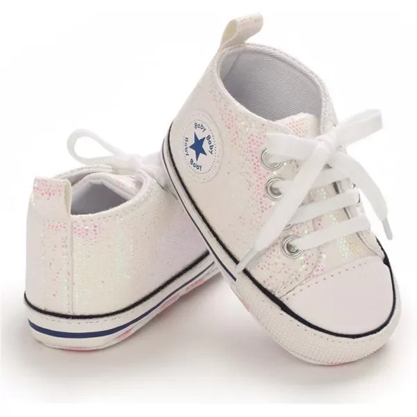 Meckior Baby Girls Boys Canvas Sneakers Soft Sole HighTop Ankle Infant First Walkers Crib ShoesA34Sequin Beige