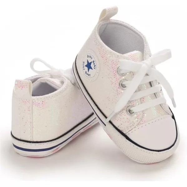 Meckior Baby Girls Boys Canvas Sneakers Soft Sole HighTop Ankle Infant First Walkers Crib ShoesC01Sequin Beige