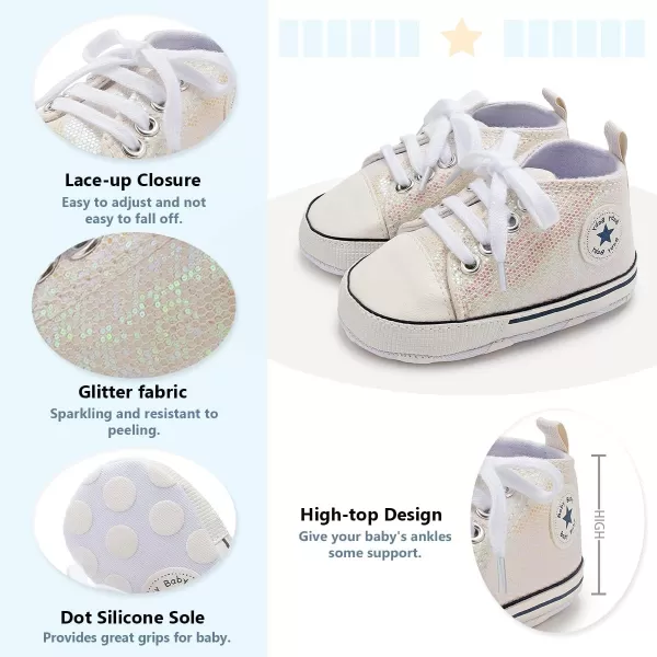 Meckior Baby Girls Boys Canvas Sneakers Soft Sole HighTop Ankle Infant First Walkers Crib ShoesC01Sequin Beige