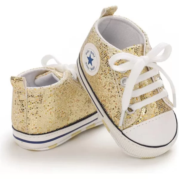 Meckior Baby Girls Boys Canvas Sneakers Soft Sole HighTop Ankle Infant First Walkers Crib ShoesC01Sequin Gold