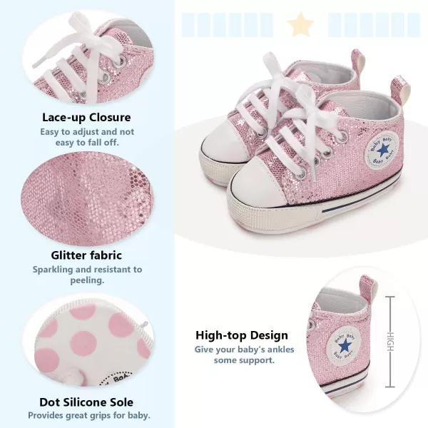 Meckior Baby Girls Boys Canvas Sneakers Soft Sole HighTop Ankle Infant First Walkers Crib ShoesC01Sequin Little Pink