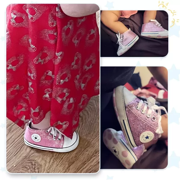 Meckior Baby Girls Boys Canvas Sneakers Soft Sole HighTop Ankle Infant First Walkers Crib ShoesC01Sequin Little Pink