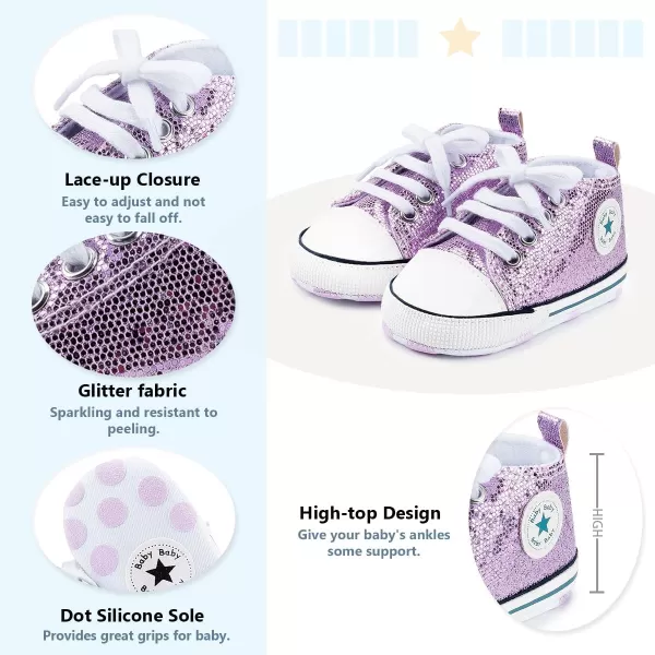 Meckior Baby Girls Boys Canvas Sneakers Soft Sole HighTop Ankle Infant First Walkers Crib ShoesC01Sequin Purple
