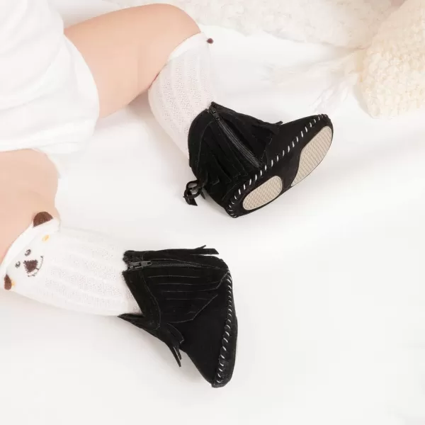 Meckior Baby Girls Cowboy Tassel Boots Side Zipper Moccasins Soft Bottom NonSlip Toddler ShoeA02Black With Rubber Sole