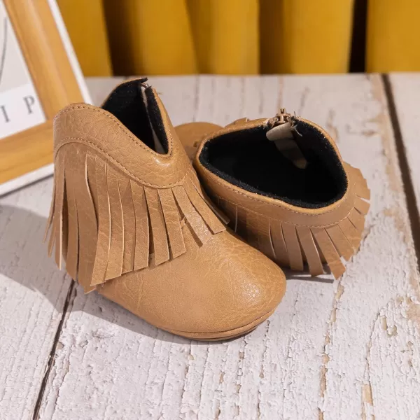 Meckior Baby Girls Cowboy Tassel Boots Side Zipper Moccasins Soft Bottom NonSlip Toddler ShoeA05Khaki