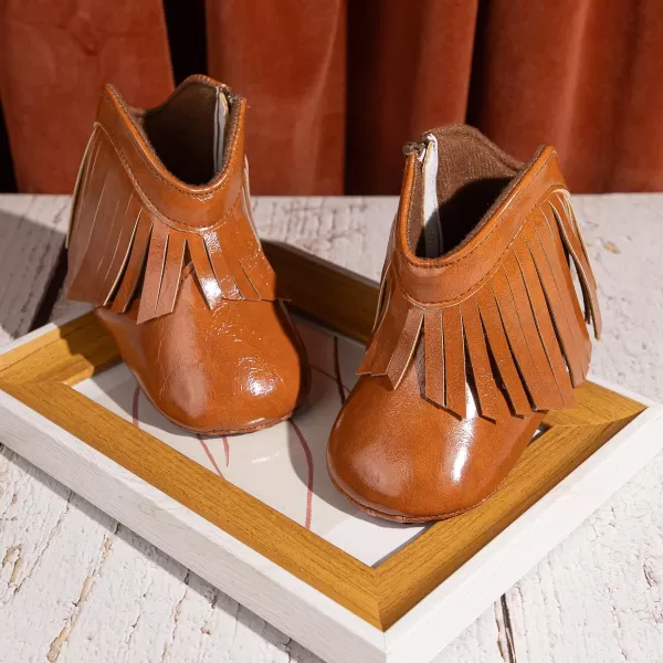 Meckior Baby Girls Cowboy Tassel Boots Side Zipper Moccasins Soft Bottom NonSlip Toddler ShoeA11brown With Patent Leather
