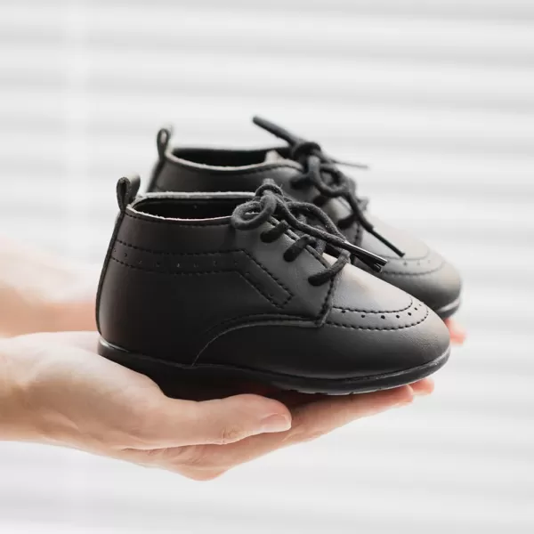 Meckior Infant Baby Boys Girls Classic PU Leather Wedding Loafers Brogue Toddler Oxford Dress Shoes First Steps Walking Flat Lazy Crib ShoeA01Black