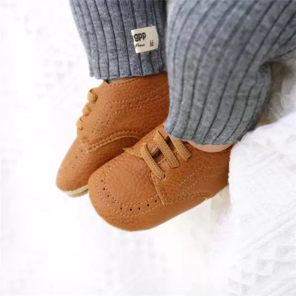 Meckior Infant Baby Boys Girls Classic PU Leather Wedding Loafers Brogue Toddler Oxford Dress Shoes First Steps Walking Flat Lazy Crib ShoeB01Brown With Elastic Band