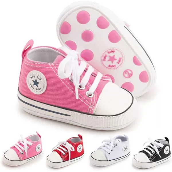 Meckior Baby Girls Boys Canvas Sneakers Soft Sole HighTop Ankle Infant First Walkers Crib ShoesA01Pink With Rubber Sole