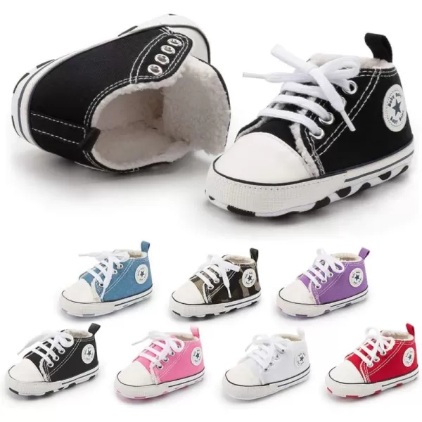 Meckior Baby Girls Boys Canvas Sneakers Soft Sole HighTop Ankle Infant First Walkers Crib ShoesA02Black With Fleece
