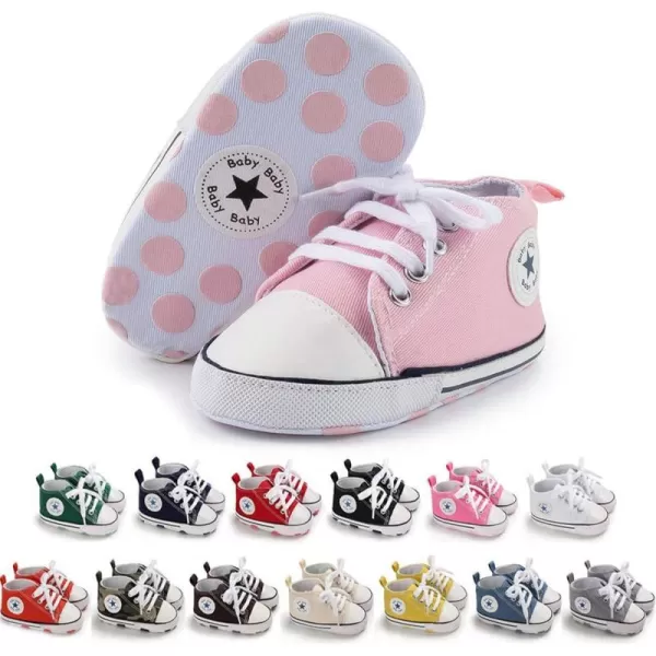 Meckior Baby Girls Boys Canvas Sneakers Soft Sole HighTop Ankle Infant First Walkers Crib ShoesA09Little Pink