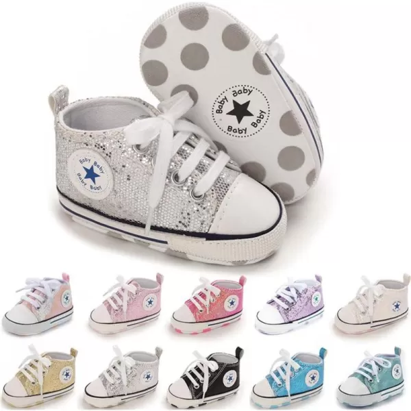 Meckior Baby Girls Boys Canvas Sneakers Soft Sole HighTop Ankle Infant First Walkers Crib ShoesA10Sequin Silver
