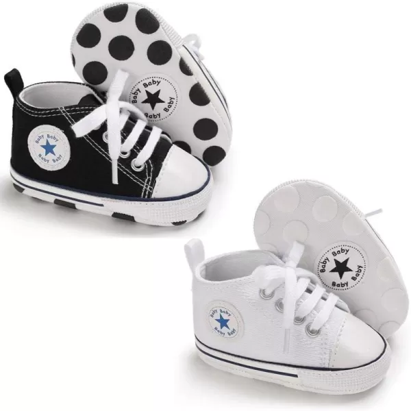 Meckior Baby Girls Boys Canvas Sneakers Soft Sole HighTop Ankle Infant First Walkers Crib ShoesA132 PairsBlack  White