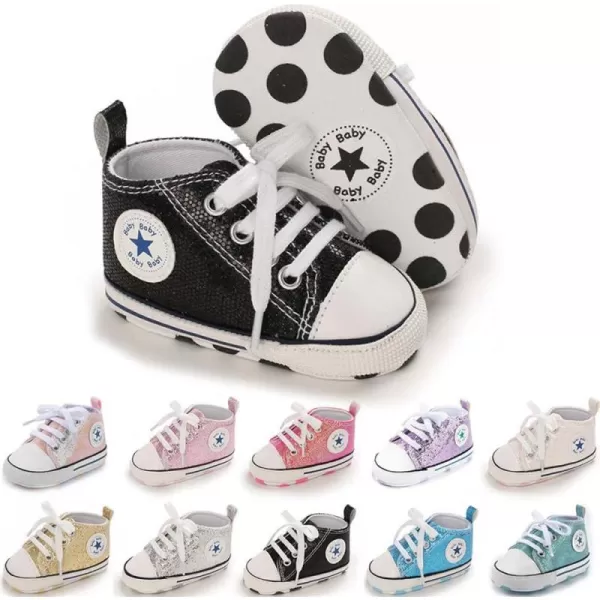Meckior Baby Girls Boys Canvas Sneakers Soft Sole HighTop Ankle Infant First Walkers Crib ShoesA21Sequin Black