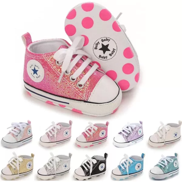 Meckior Baby Girls Boys Canvas Sneakers Soft Sole HighTop Ankle Infant First Walkers Crib ShoesA22Sequin Rose Red