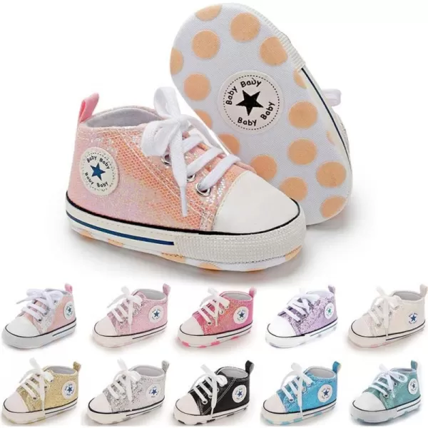 Meckior Baby Girls Boys Canvas Sneakers Soft Sole HighTop Ankle Infant First Walkers Crib ShoesA23Sequin Pink