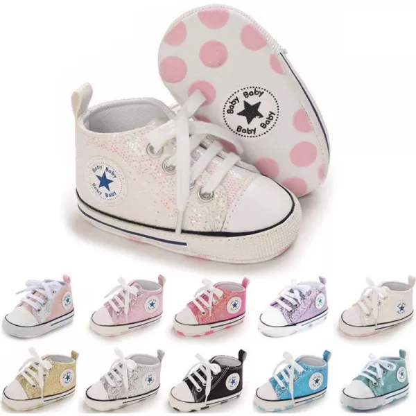 Meckior Baby Girls Boys Canvas Sneakers Soft Sole HighTop Ankle Infant First Walkers Crib ShoesA34Sequin Beige