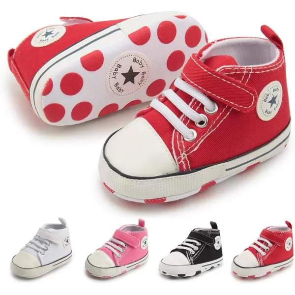 Meckior Baby Girls Boys Canvas Sneakers Soft Sole HighTop Ankle Infant First Walkers Crib ShoesB20Red