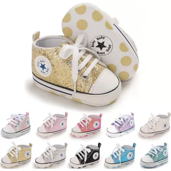 Meckior Baby Girls Boys Canvas Sneakers Soft Sole HighTop Ankle Infant First Walkers Crib ShoesC01Sequin Gold