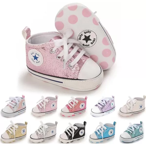Meckior Baby Girls Boys Canvas Sneakers Soft Sole HighTop Ankle Infant First Walkers Crib ShoesC01Sequin Little Pink