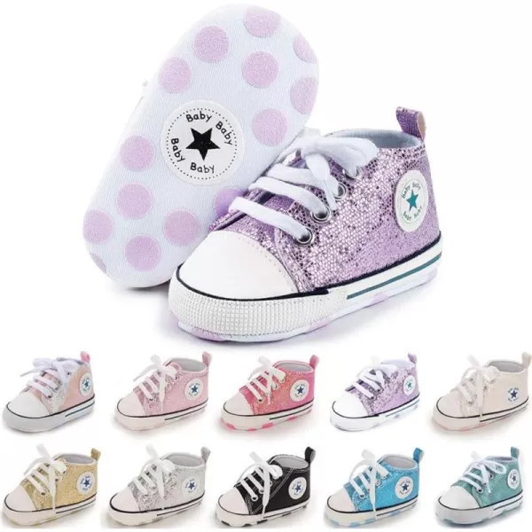 Meckior Baby Girls Boys Canvas Sneakers Soft Sole HighTop Ankle Infant First Walkers Crib ShoesC01Sequin Purple