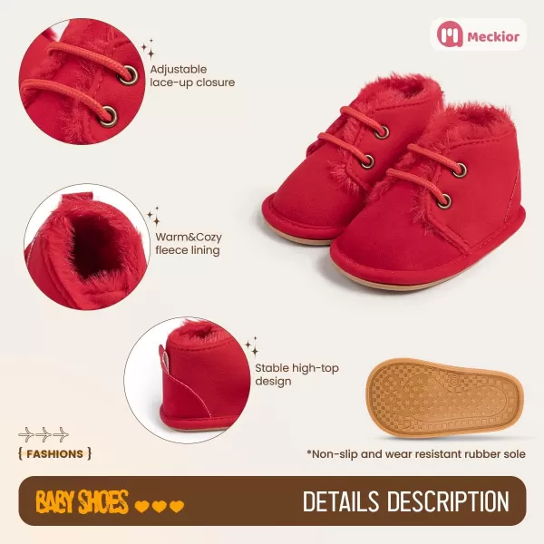 Meckior Baby Booties Newborn Infant Unisex Baby Girls Boys Velvet Rubber AnitSlip Sole Shoes Toddler Fleece Cozy Winter Warm Prewalker BootsA02Red With Fleece