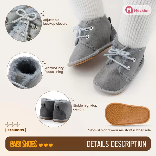 Meckior Baby Booties Newborn Infant Unisex Baby Girls Boys Velvet Rubber AnitSlip Sole Shoes Toddler Fleece Cozy Winter Warm Prewalker BootsA04Gray With Fleece