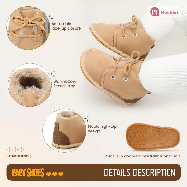 Meckior Baby Booties Newborn Infant Unisex Baby Girls Boys Velvet Rubber AnitSlip Sole Shoes Toddler Fleece Cozy Winter Warm Prewalker BootsA04Little Brown With Fleece