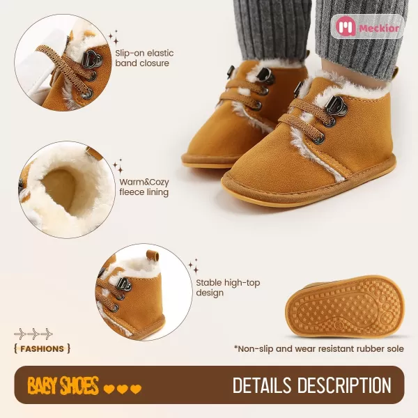 Meckior Baby Booties Newborn Infant Unisex Baby Girls Boys Velvet Rubber AnitSlip Sole Shoes Toddler Fleece Cozy Winter Warm Prewalker BootsA12Brown With Elastic Band