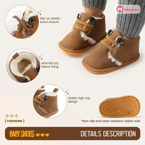 Meckior Baby Booties Newborn Infant Unisex Baby Girls Boys Velvet Rubber AnitSlip Sole Shoes Toddler Fleece Cozy Winter Warm Prewalker BootsA13Deep Brown With Elastic Band