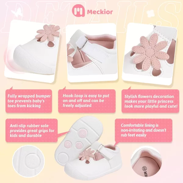 Meckior Baby Toddler Girls Walking Shoes TStrap Dress Summer Shoes for Girls Mary Jane NonSlip AntiCollision Toe Lightweight First Walker Shoes Wedding Dress ShoesA02White