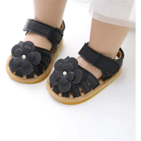 Meckior Baby Toddler Infant Girls PU Leather Soft Open Toe Summer Sandals Flower Princess Flat ShoesA10Black