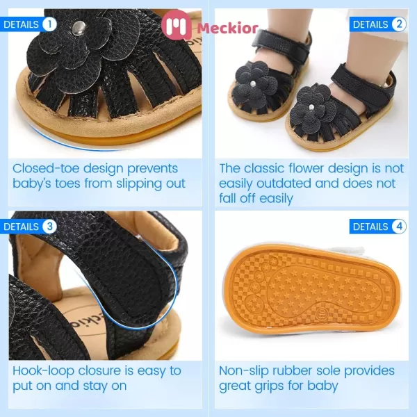 Meckior Baby Toddler Infant Girls PU Leather Soft Open Toe Summer Sandals Flower Princess Flat ShoesA10Black