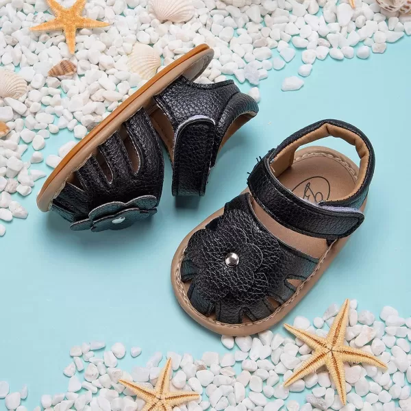Meckior Baby Toddler Infant Girls PU Leather Soft Open Toe Summer Sandals Flower Princess Flat ShoesA10Black