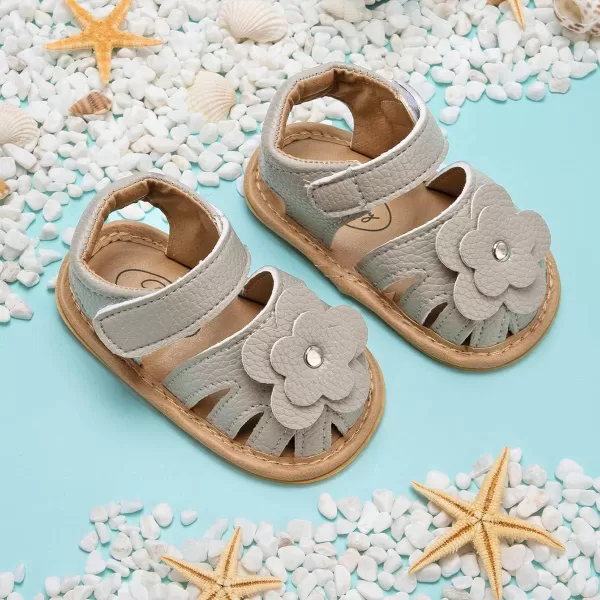 Meckior Baby Toddler Infant Girls PU Leather Soft Open Toe Summer Sandals Flower Princess Flat ShoesA10Gray