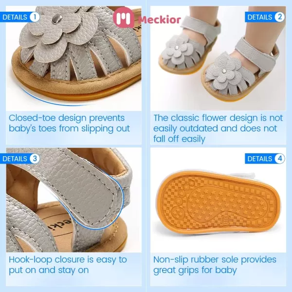 Meckior Baby Toddler Infant Girls PU Leather Soft Open Toe Summer Sandals Flower Princess Flat ShoesA10Gray