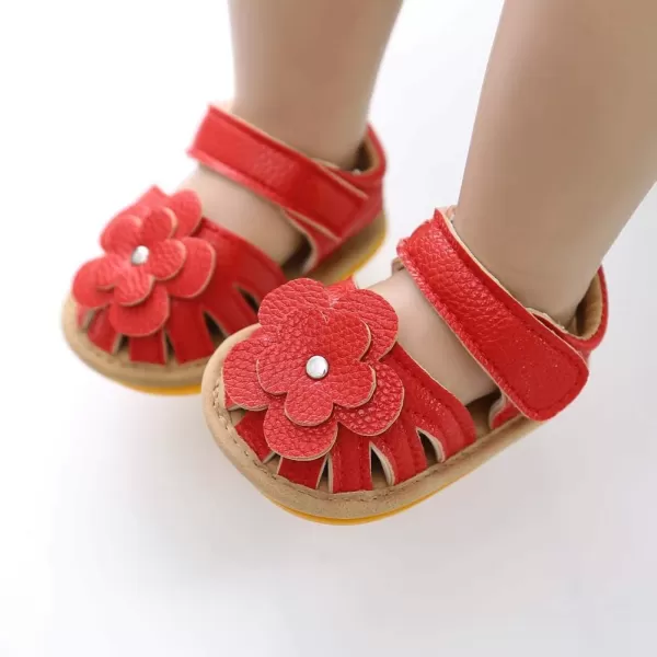 Meckior Baby Toddler Infant Girls PU Leather Soft Open Toe Summer Sandals Flower Princess Flat ShoesA10Red