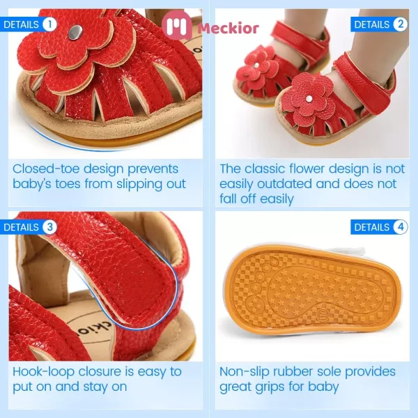 Meckior Baby Toddler Infant Girls PU Leather Soft Open Toe Summer Sandals Flower Princess Flat ShoesA10Red