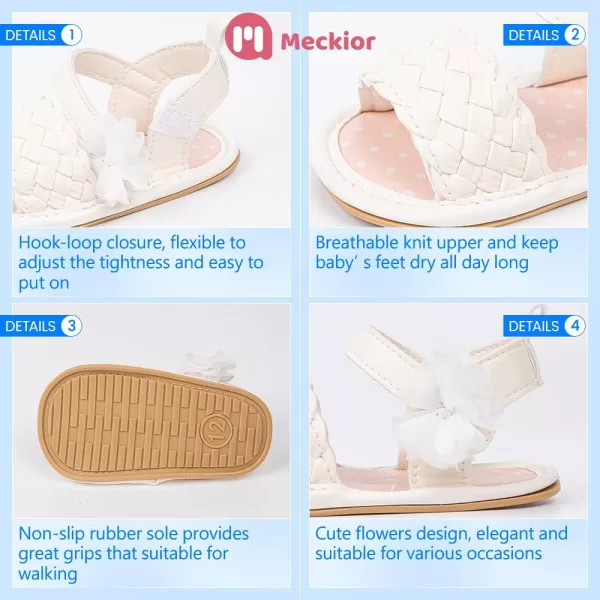 Meckior Baby Toddler Infant Girls PU Leather Soft Open Toe Summer Sandals Flower Princess Flat ShoesA30White