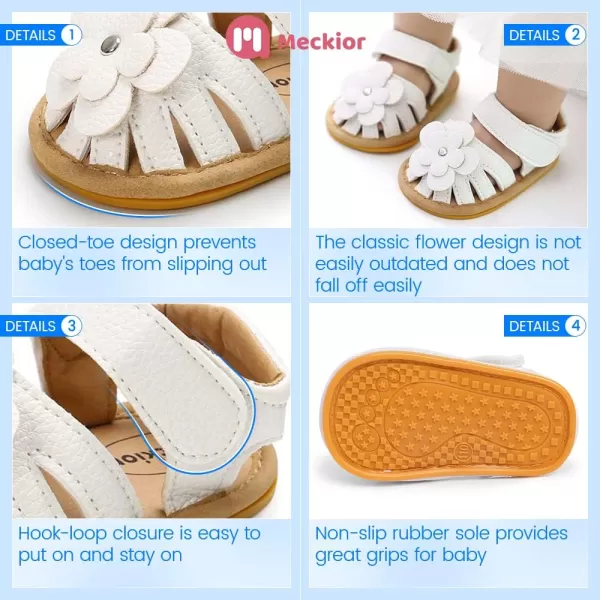 Meckior Baby Toddler Infant Girls PU Leather Soft Open Toe Summer Sandals Flower Princess Flat ShoesAWhite