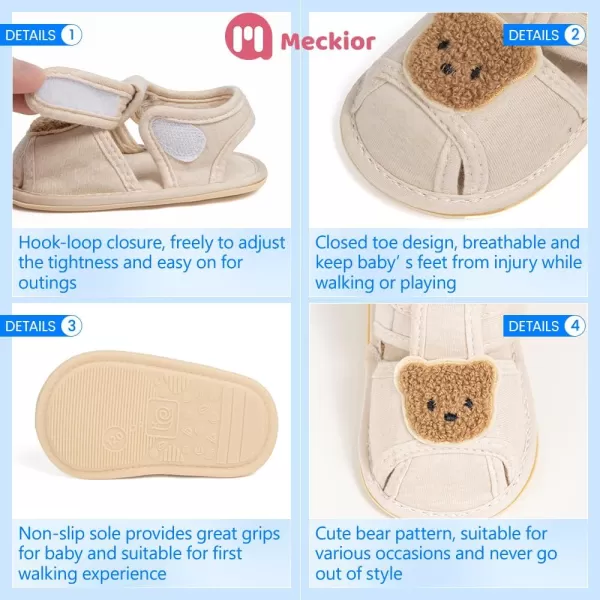 Meckior Baby Toddler Infant Girls PU Leather Soft Open Toe Summer Sandals Flower Princess Flat ShoesZ12Beige With Bear
