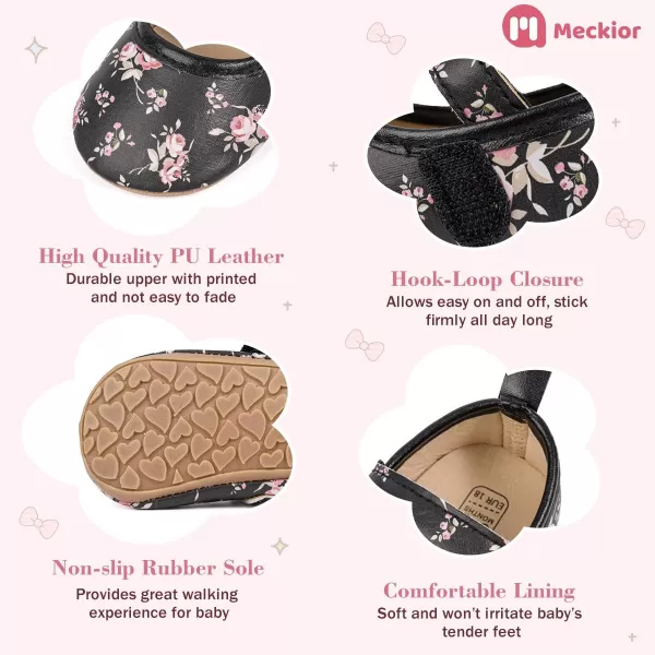Meckior Infant Baby Girls Boys Handmade Princess Flats Toddler First Walkers Soft PU Leather NonSlip Crib Wedding Dress ShoesA08Black