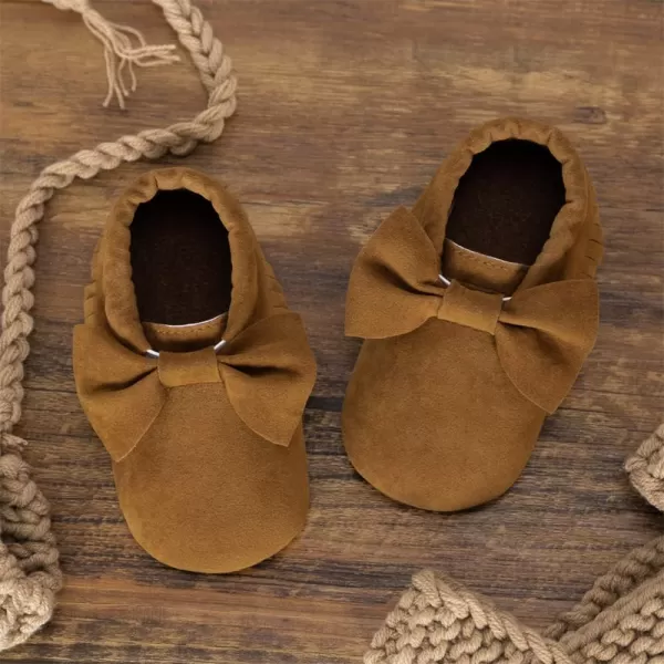 Meckior Infant Baby Girls Boys Premium Soft Sole Tassel Bowknot Moccasins Toddler Prewalker Princess AntiSlip Crib Baptism Loafers ShoesA01Coffee With Bowknot