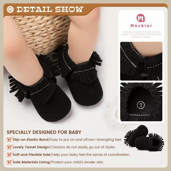 Meckior Infant Baby Girls Boys Premium Soft Sole Tassel Bowknot Moccasins Toddler Prewalker Princess AntiSlip Crib Baptism Loafers ShoesA04Black