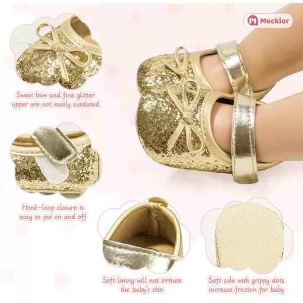 Meckior Infant Baby Girls Soft Sole Bowknot Princess Wedding Dress Mary Jane Flats Prewalker Newborn Light Baby Sneaker ShoesA20Gold