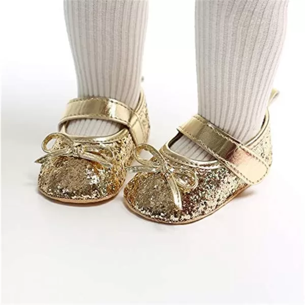 Meckior Infant Baby Girls Soft Sole Bowknot Princess Wedding Dress Mary Jane Flats Prewalker Newborn Light Baby Sneaker ShoesA20Gold