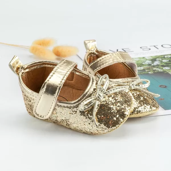 Meckior Infant Baby Girls Soft Sole Bowknot Princess Wedding Dress Mary Jane Flats Prewalker Newborn Light Baby Sneaker ShoesA20Gold